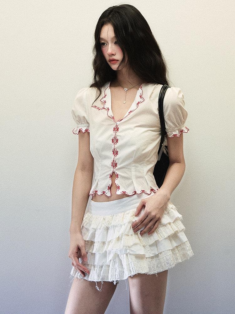 1P STUDIO White Embroidered Bow Lace V-neck Short Sleeve Fitted Women&