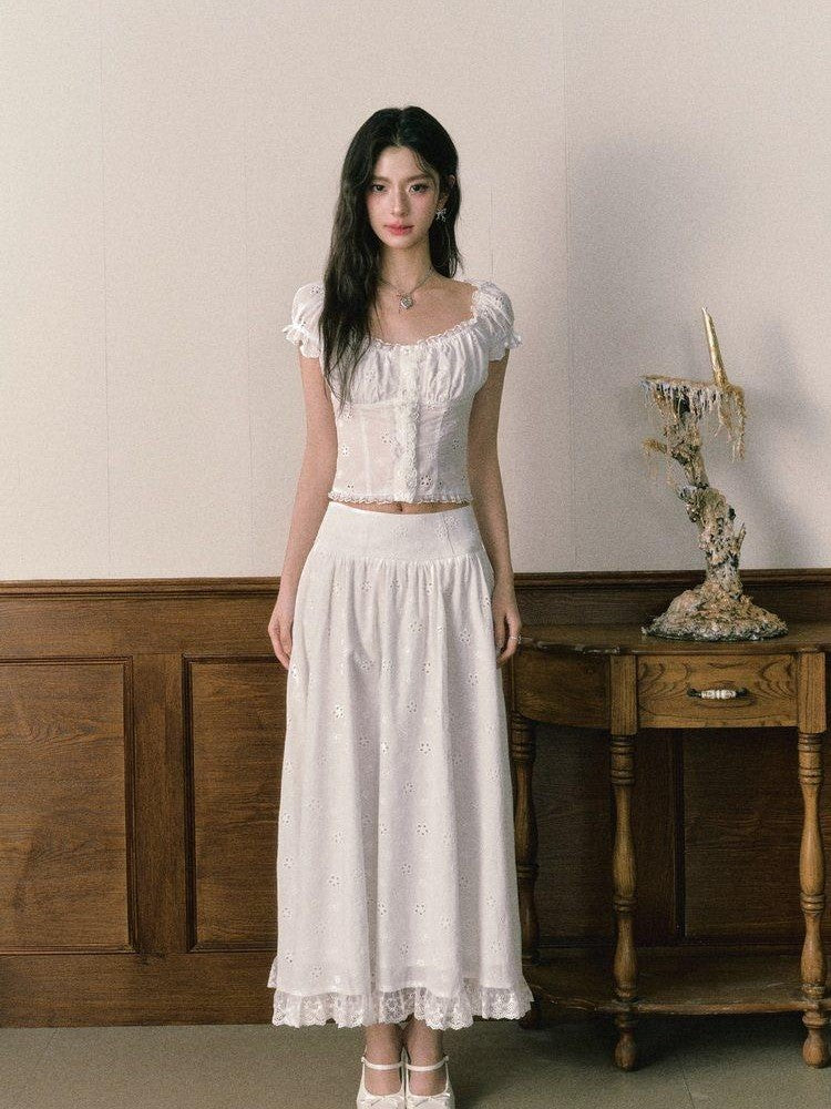 1P STUDIO White Eyelet Embroidered Lace Trim Square Neck Women&