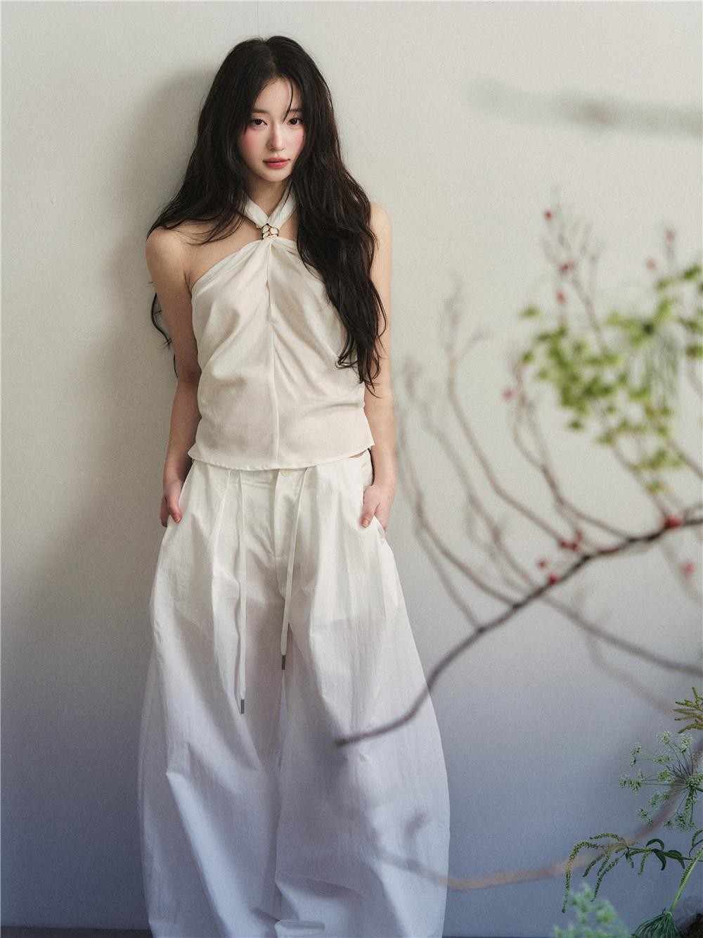 1P STUDIO White Knot Halter Cotton Linen Wide Leg Women&