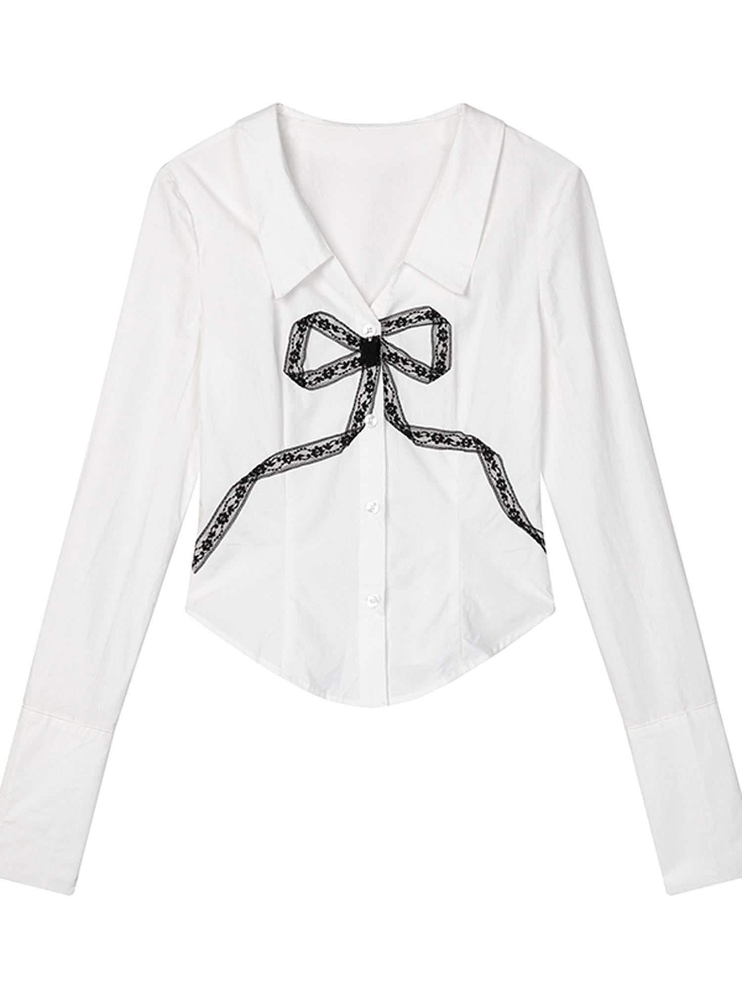 1P STUDIO White Lace Bow V-neck Slim Fit Open Front Women&