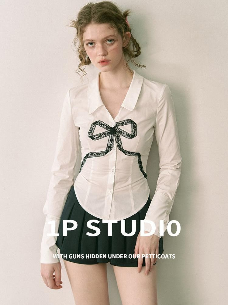 1P STUDIO White Lace Bow V-neck Slim Fit Open Front Women&