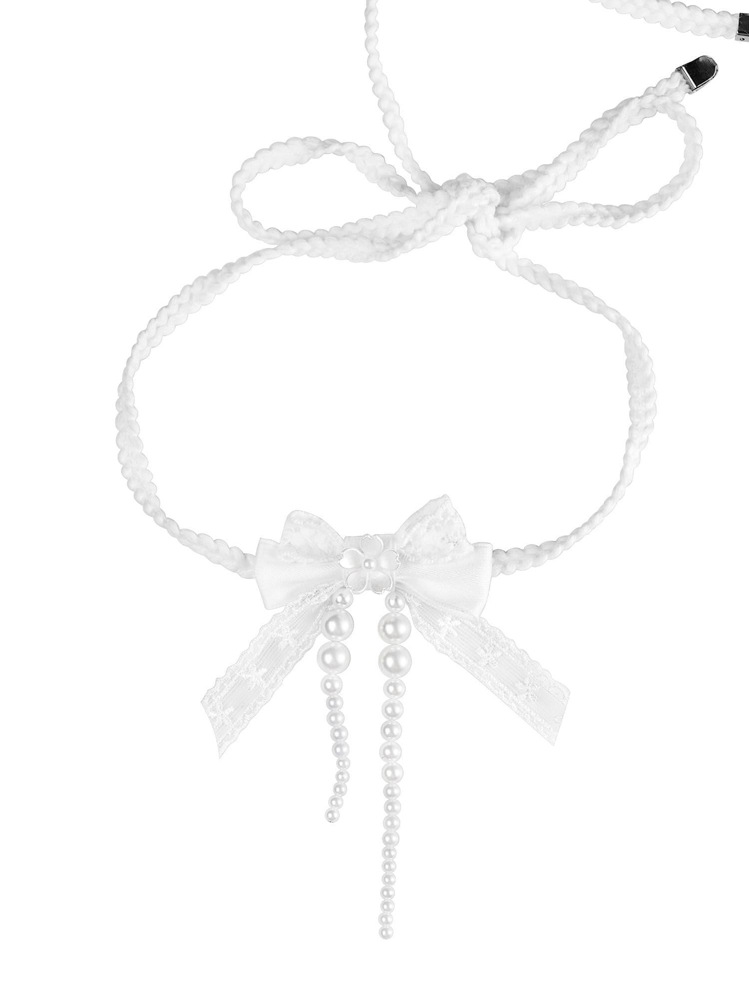 1P STUDIO White Lace Bowknot Pearl Tie Necklace Women&