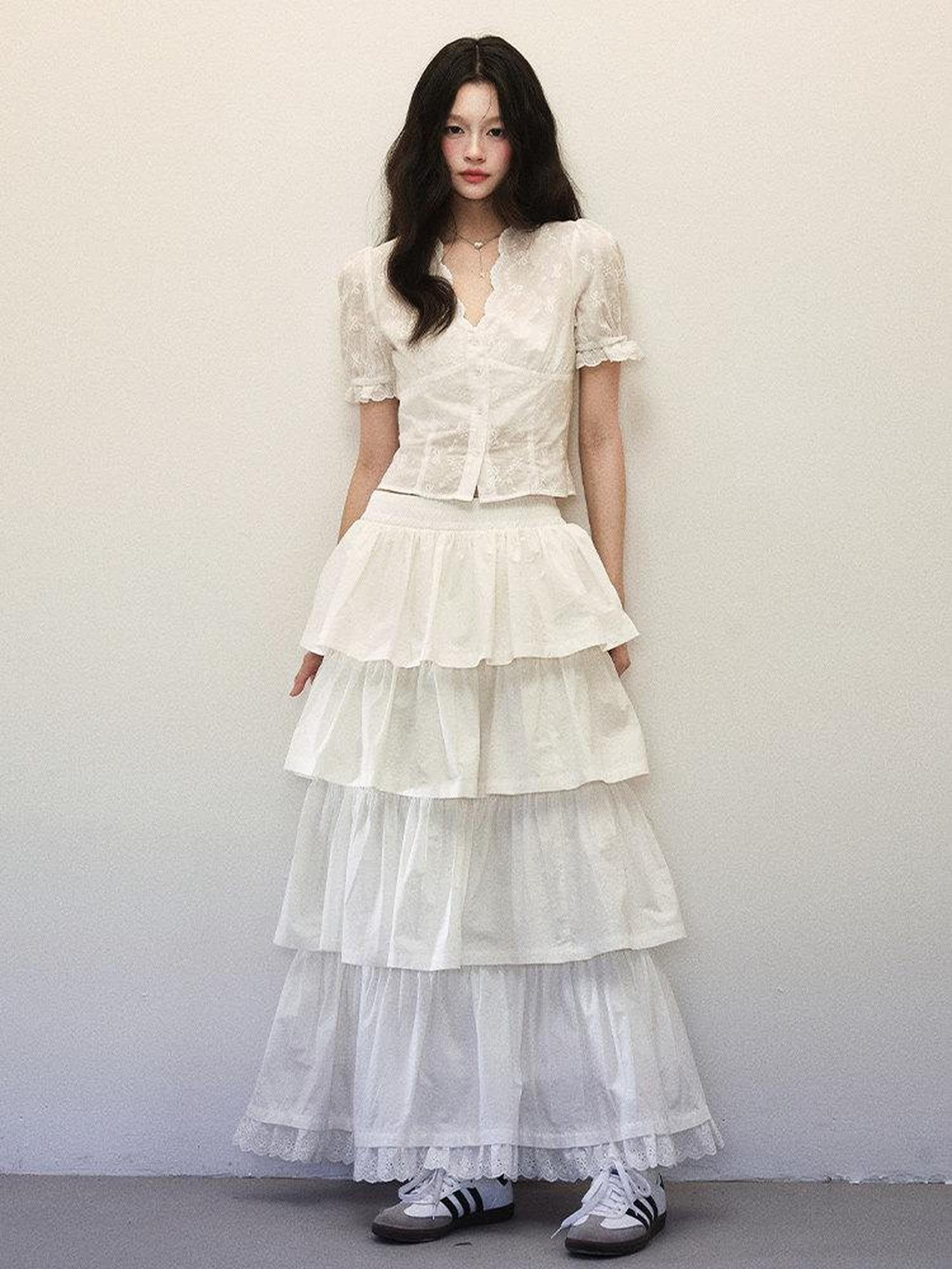 1P STUDIO White Lace Cinched Waist Cropped Tiered Cake Women&