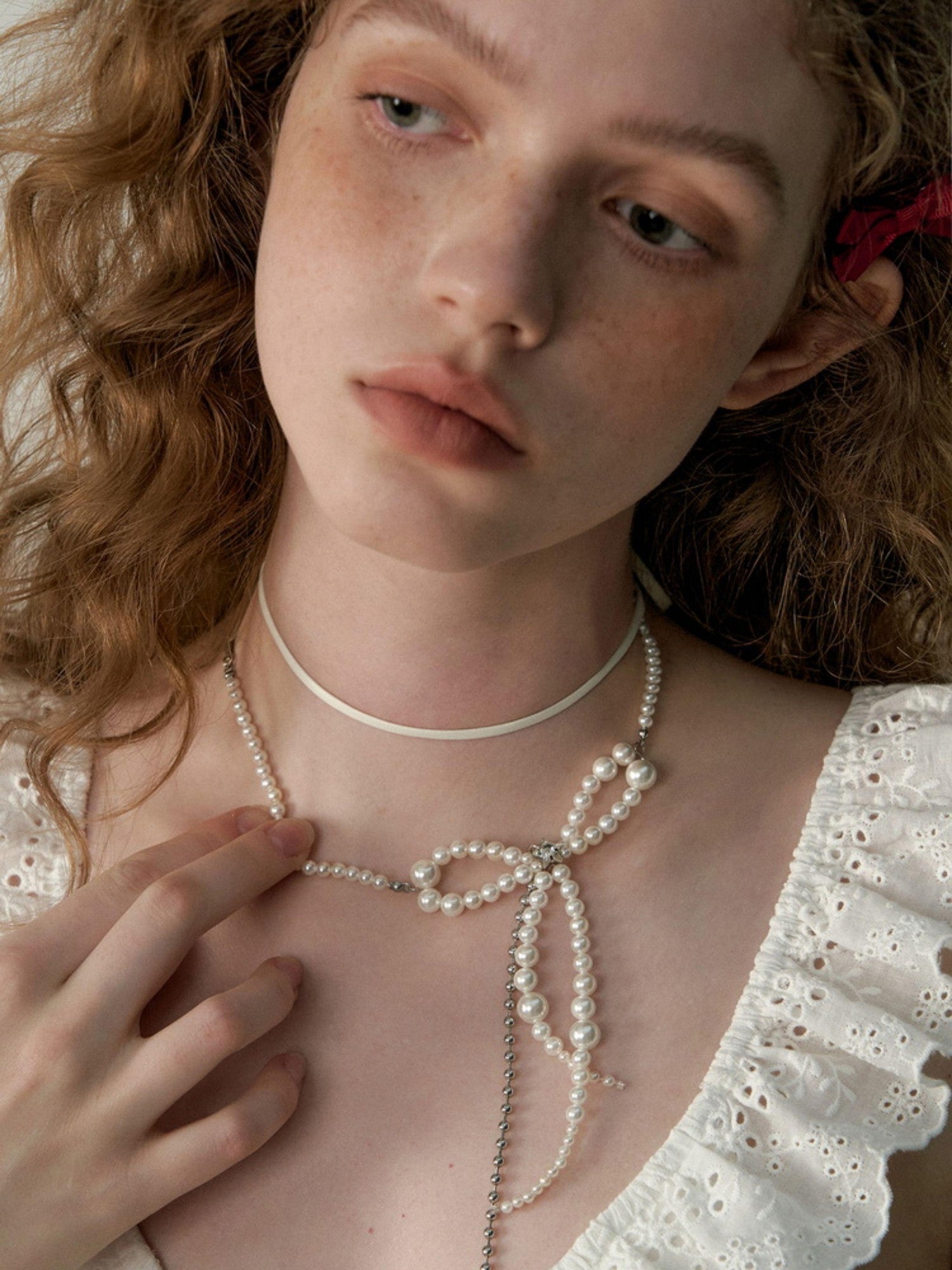 1P STUDIO White Pearl Beaded Bow Chain Leather Cord Women&