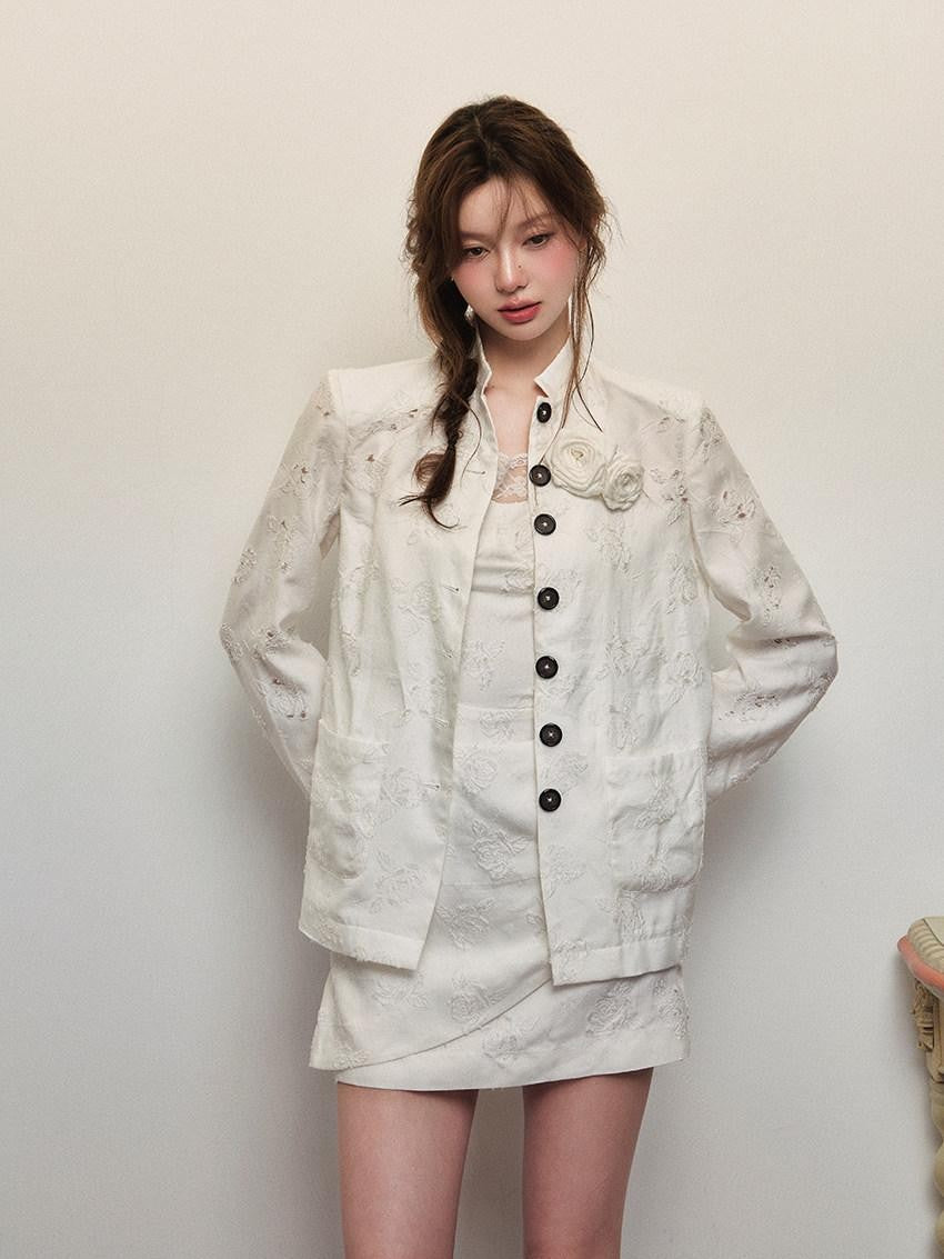 1P STUDIO White Rose Jacquard Chinese Stand Collar Long Sleeve Women&