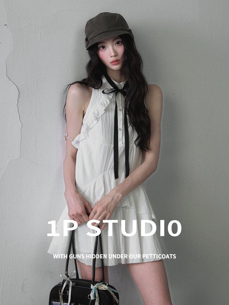 1P STUDIO White Ruffle Bow Tie Shirt Collar Women&