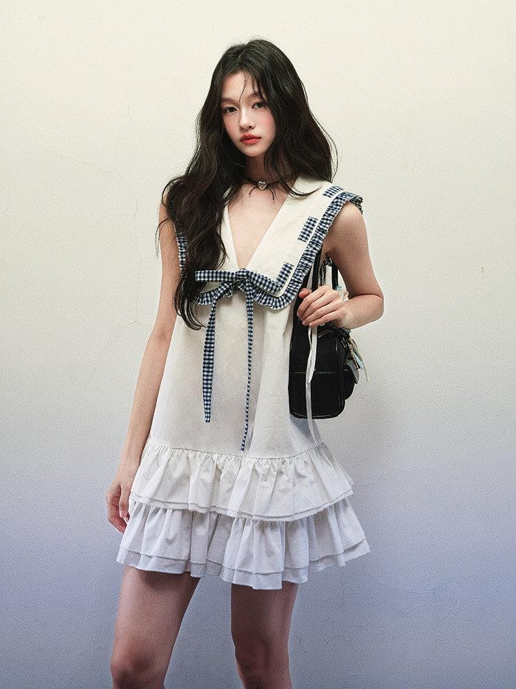1P STUDIO White Sailor Collar Tie Double Ruffle A Line Women&