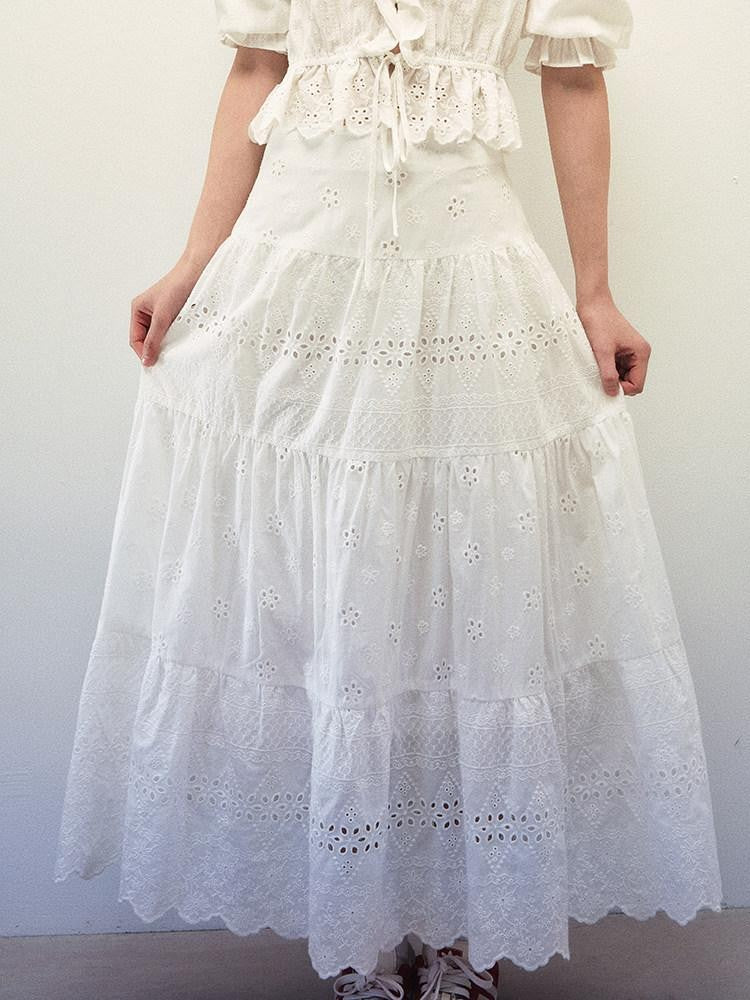 1P STUDIO White Textured Puff Sleeve Eyelet Embroidered Women&