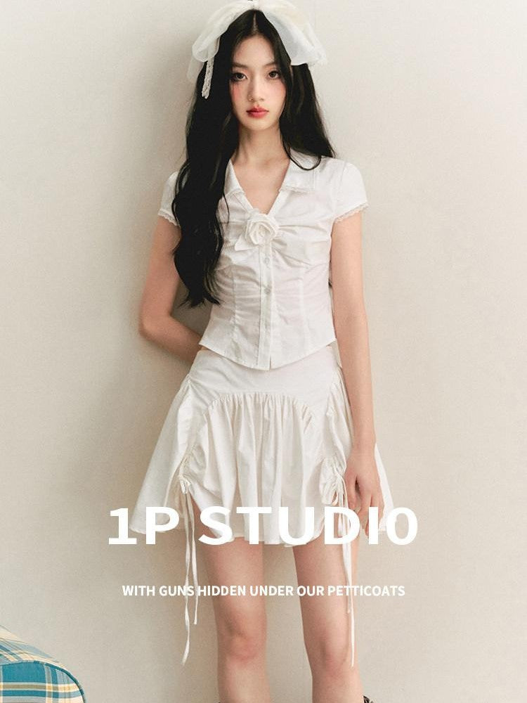 1P STUDIO White V-neck Tie Ruched Button Short Sleeve Women&