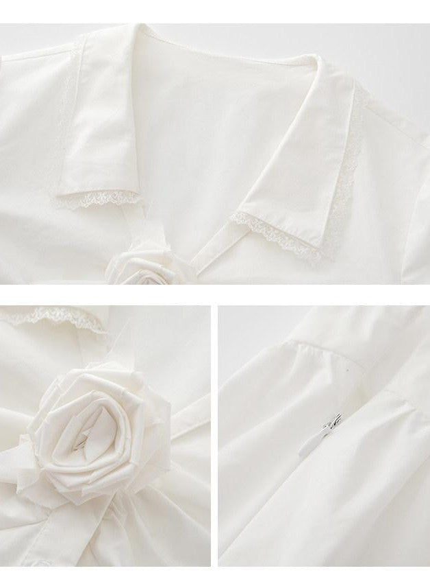 1P STUDIO White V-neck Tie Ruched Button Short Sleeve Women&