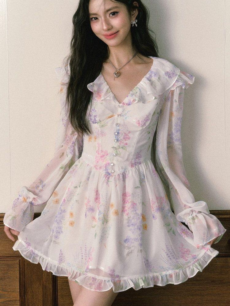 1P STUDIO Wisteria Floral V-neck Long Sleeve Cinched Waist Women&