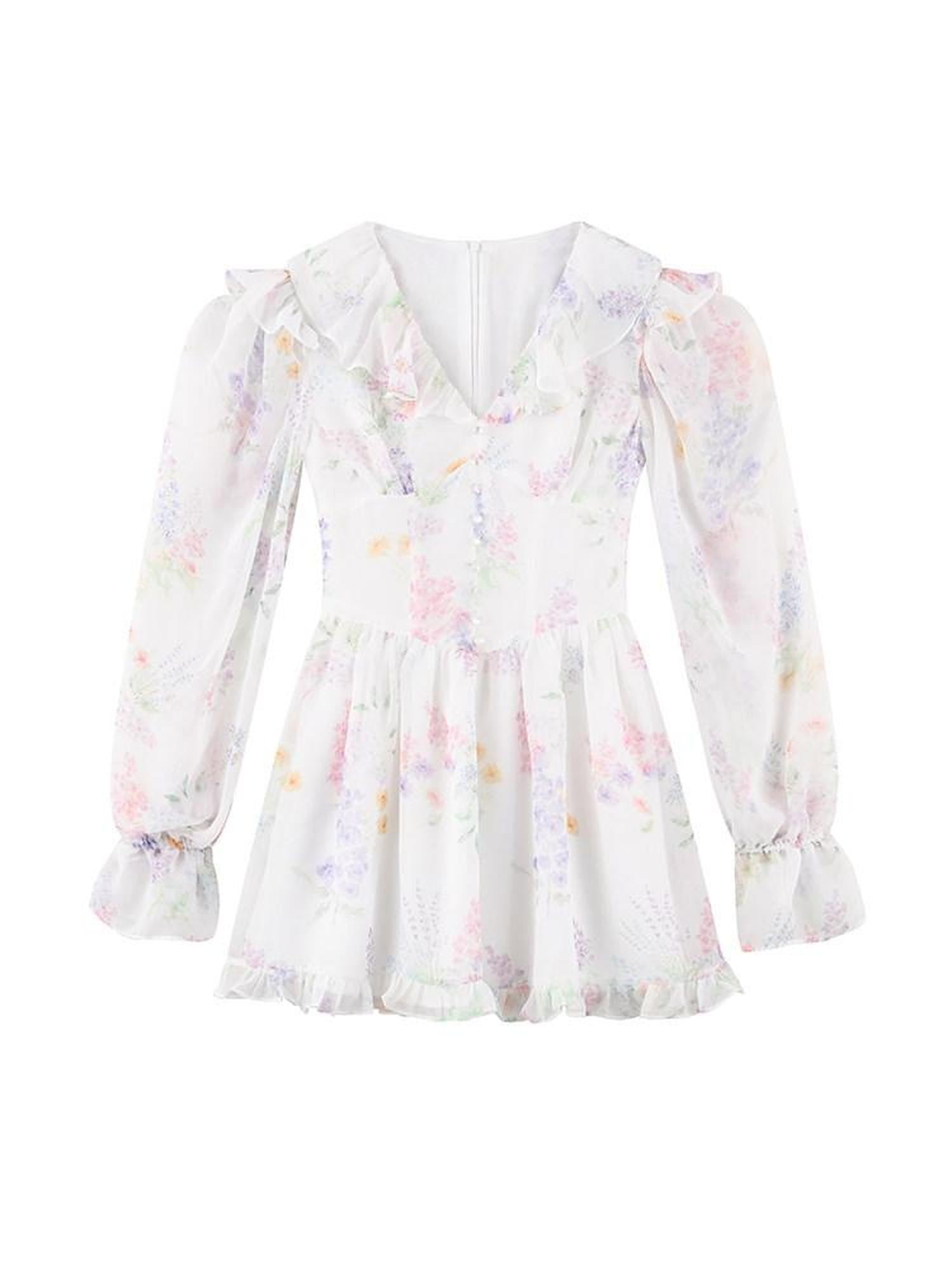 1P STUDIO Wisteria Floral V-neck Long Sleeve Cinched Waist Women&