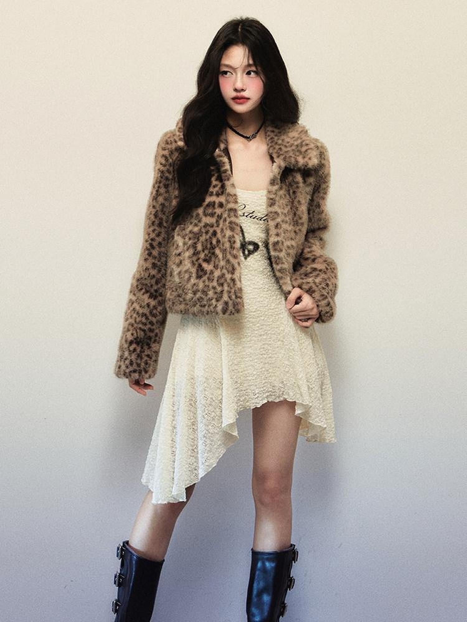 1P STUDIO Y2k Leopard Print Short Oversized Large Lapel Women&