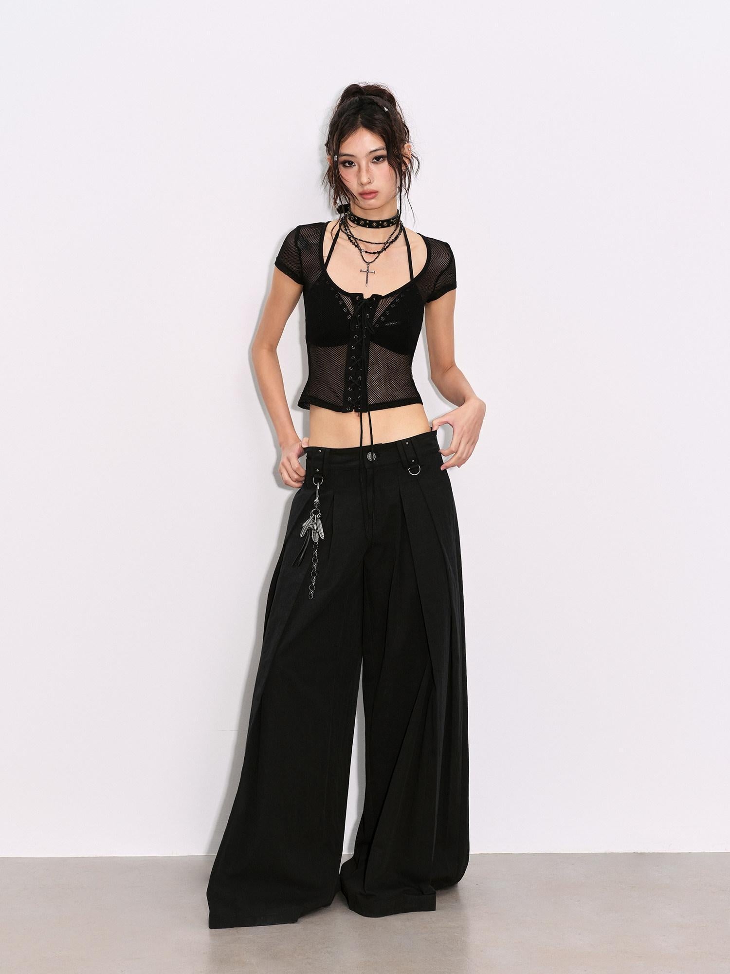 Low pixel Pleated Low Waist Relaxed Cotton Blend Black Women Wide Leg Pants