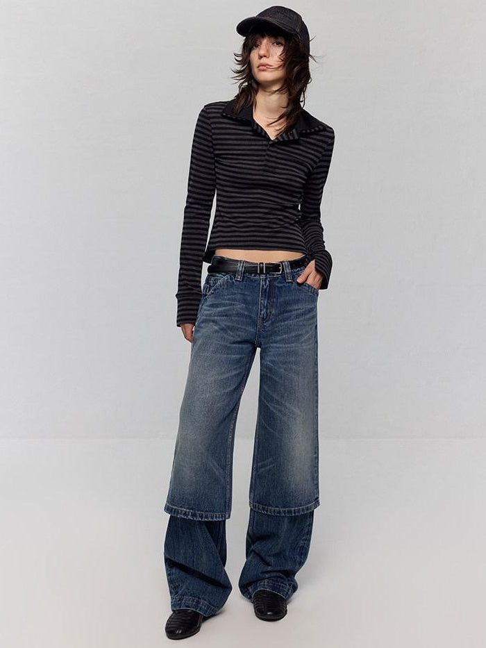 RUN TO THE FUTURE Washed Blue Denim Low Waist Relaxed Fit Casual Zipper Fly Wide-Leg Jeans