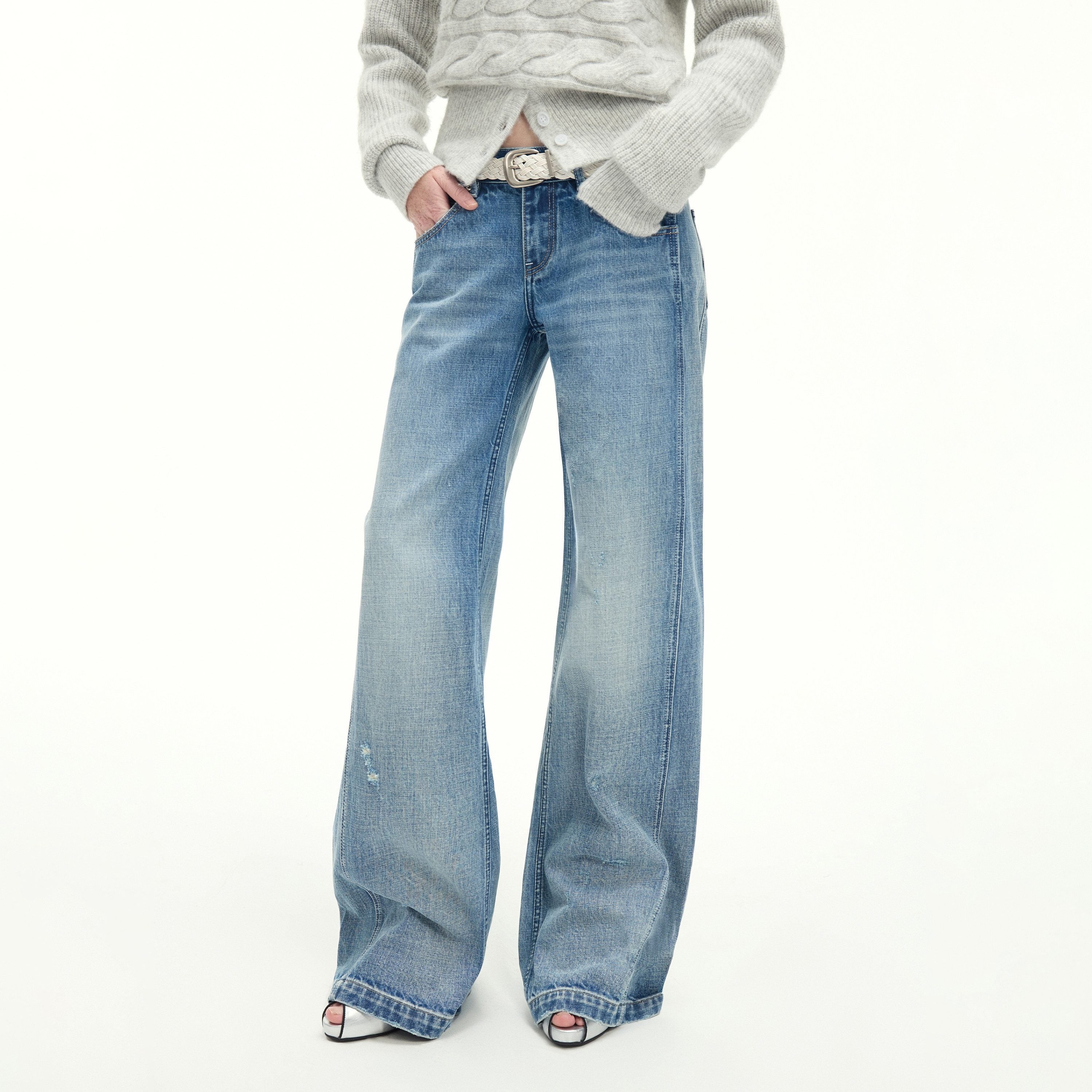 RUN TO THE FUTURE Vintage Washed Flared Cotton Natural Waist Women Blue Wide-Leg Jeans