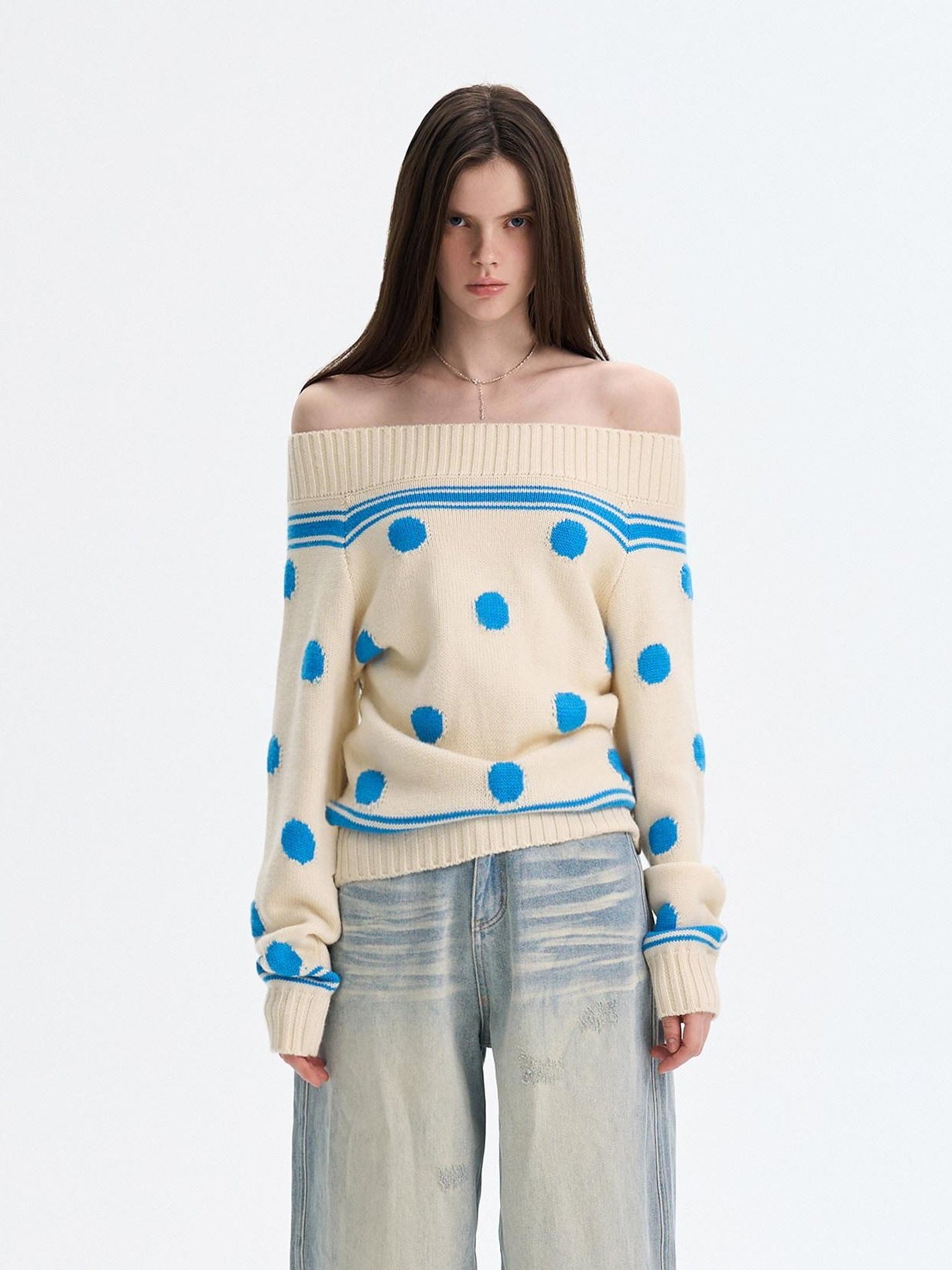 The NeverMore Cozy Thermal Acrylic Wool Polka Dot Boat Neck Relaxed Women Knit Sweaters