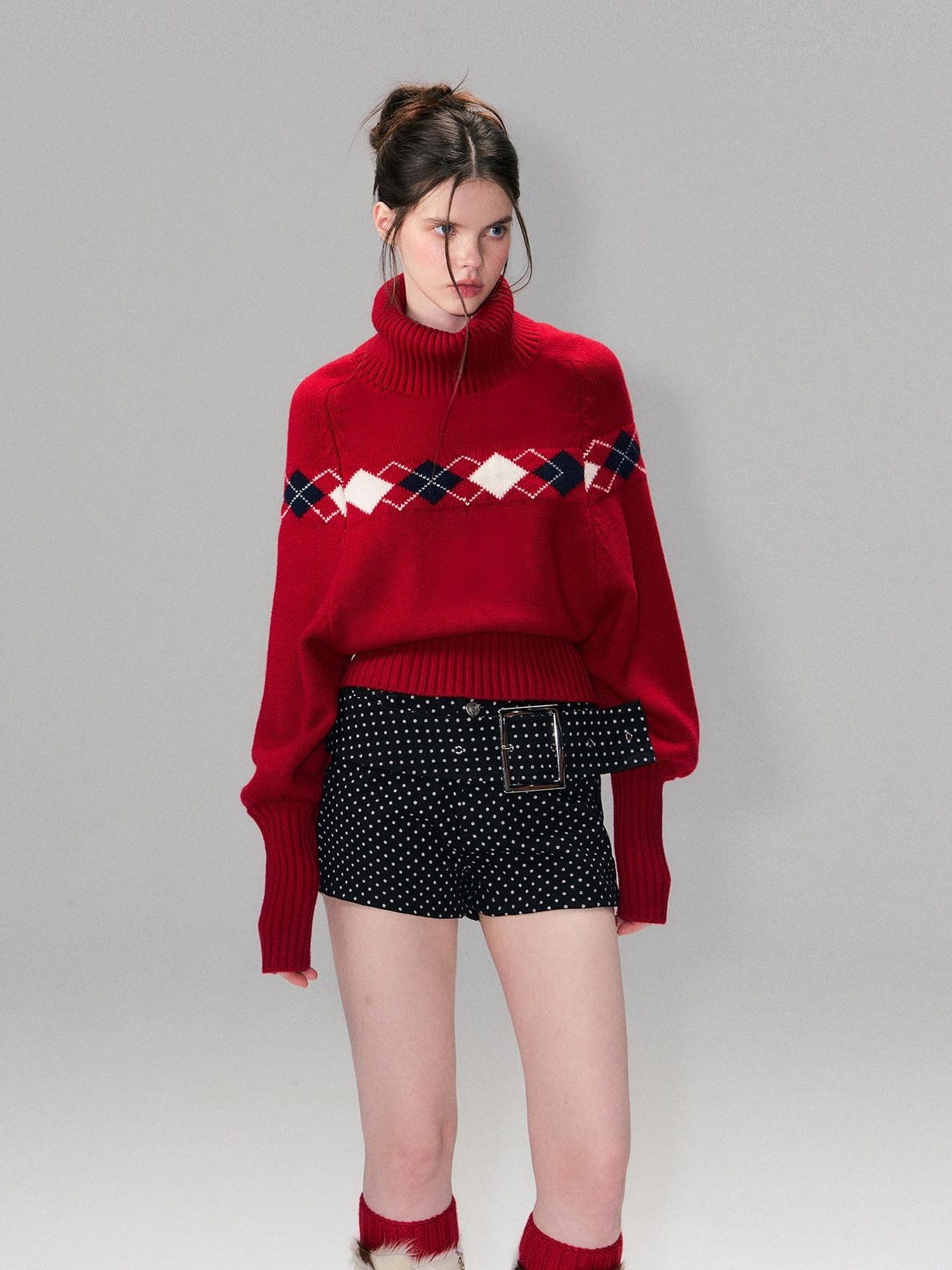 The NeverMore Warm Wool Pullover Vintage Jacquard Cape Batwing Women High Neck Red Sweaters