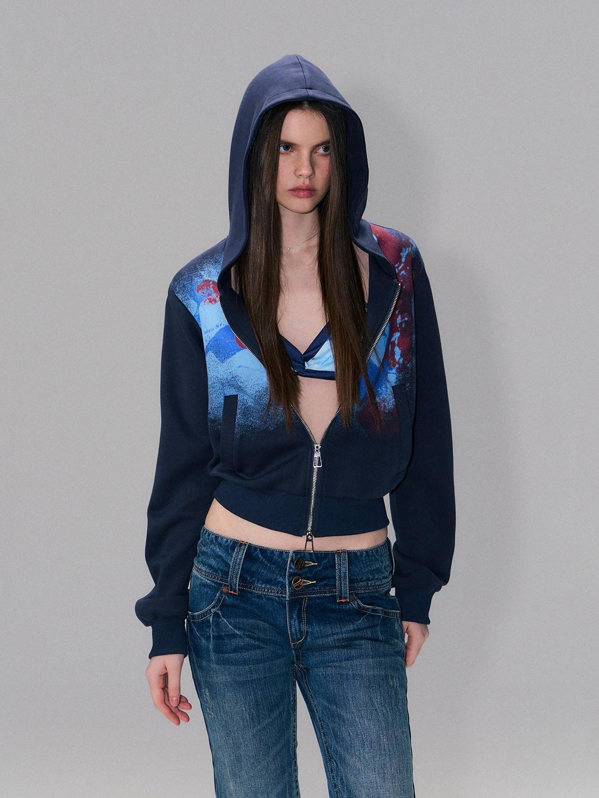 The NeverMore Soft Stretch Polyester High Waist Cropped Zip Hooded American Women Hoodie