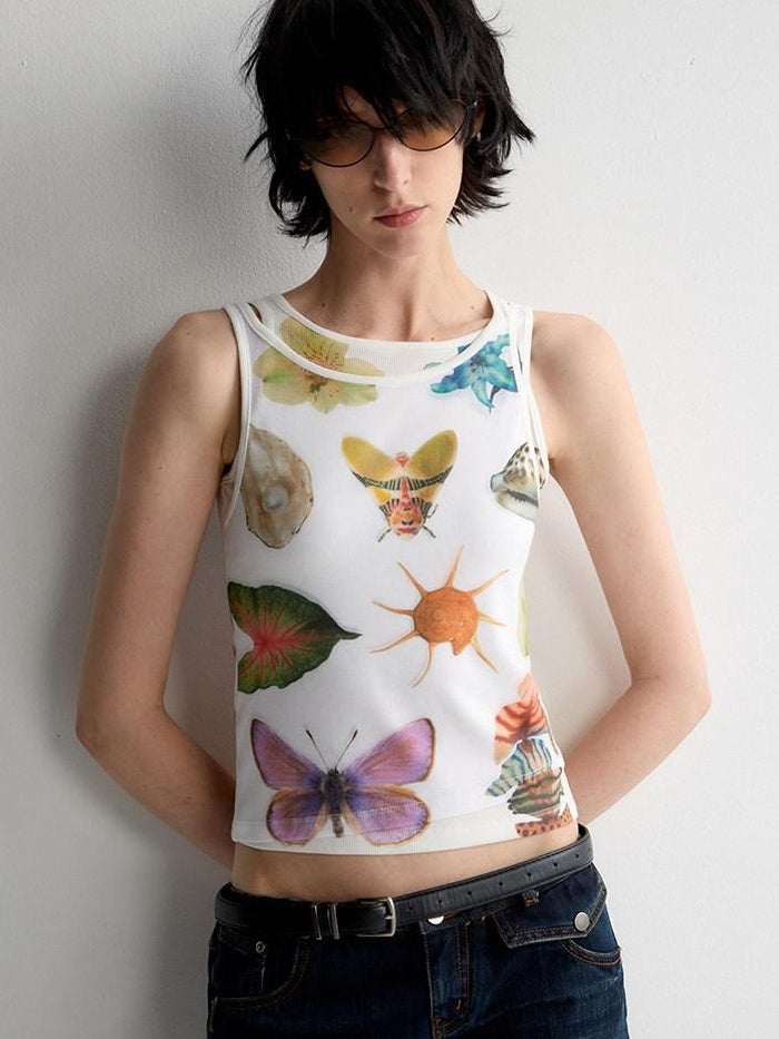 RUN TO THE FUTURE Original Print Asymmetrical Slim Fit Tencel Cropped Animal Women White Tank Tops