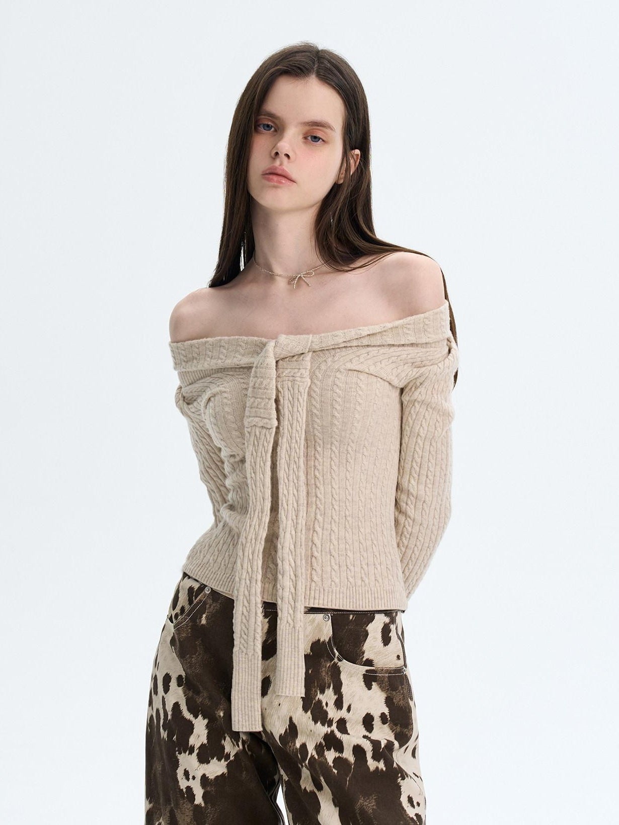 The NeverMore Khaki Wool Blend Slim Fit Layered Tie Detail Off Shoulder Pullover Sweaters