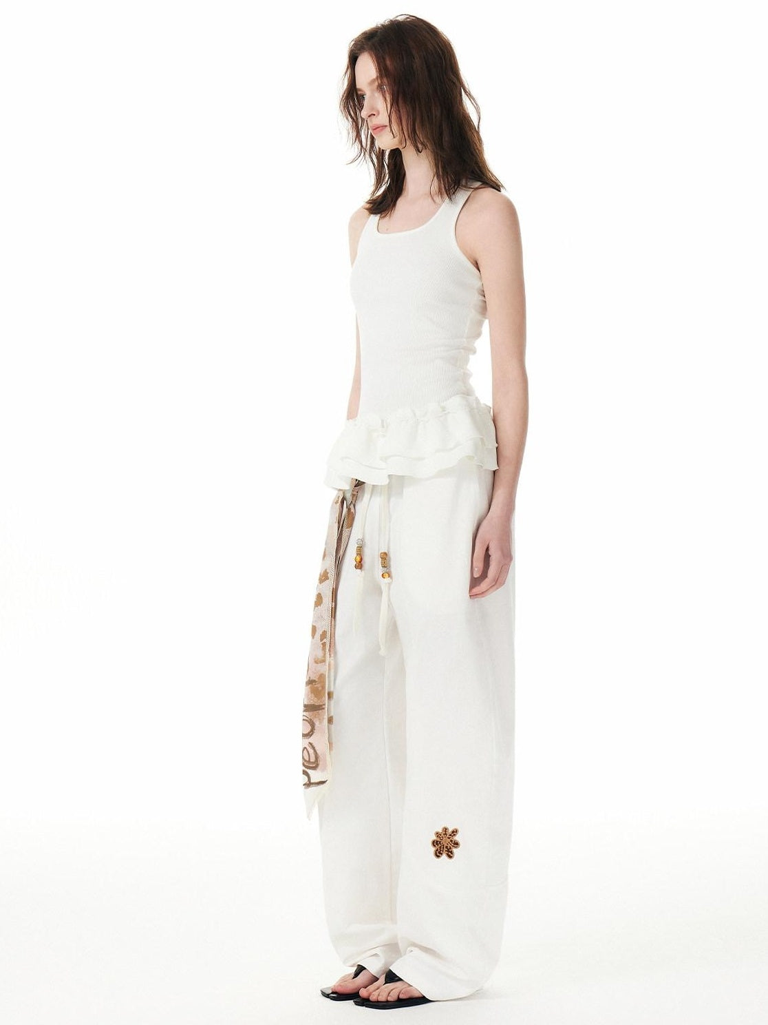 OuttheBlue Cotton Drawstring Pockets Natural Waist Workwear Long White Wide Leg Pants