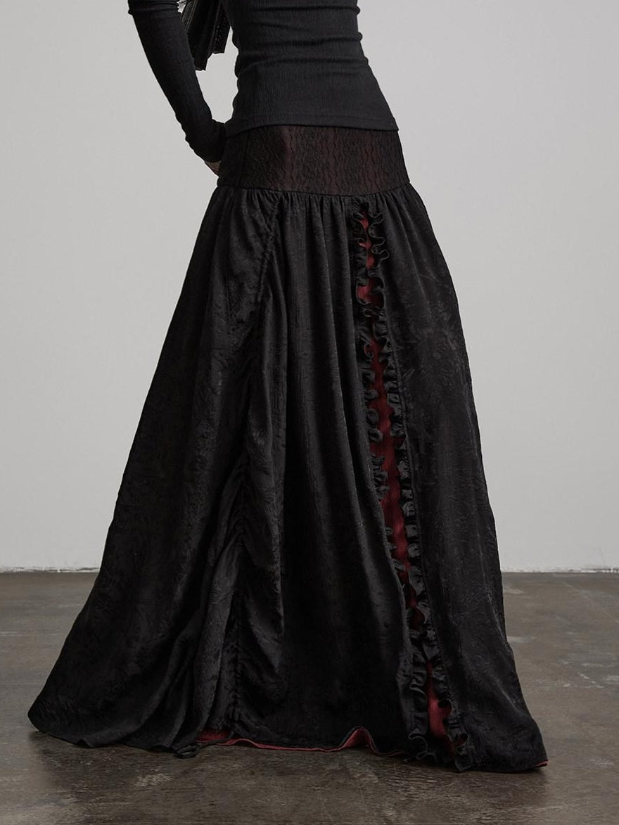 INDULGE Soft Comfy Rayon Ruffle Hem Gothic A Line Side Zipper Black Tiered Skirts