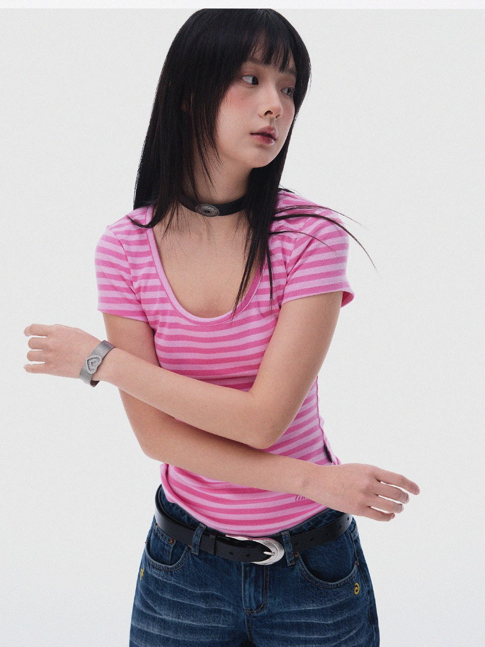 innomoood Slim Fit Striped Print V-neck Women&
