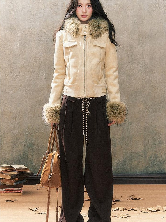 7Shiftin Brown Drawstring Pocket Natural Waist Original Straight Women Wide Leg Pants