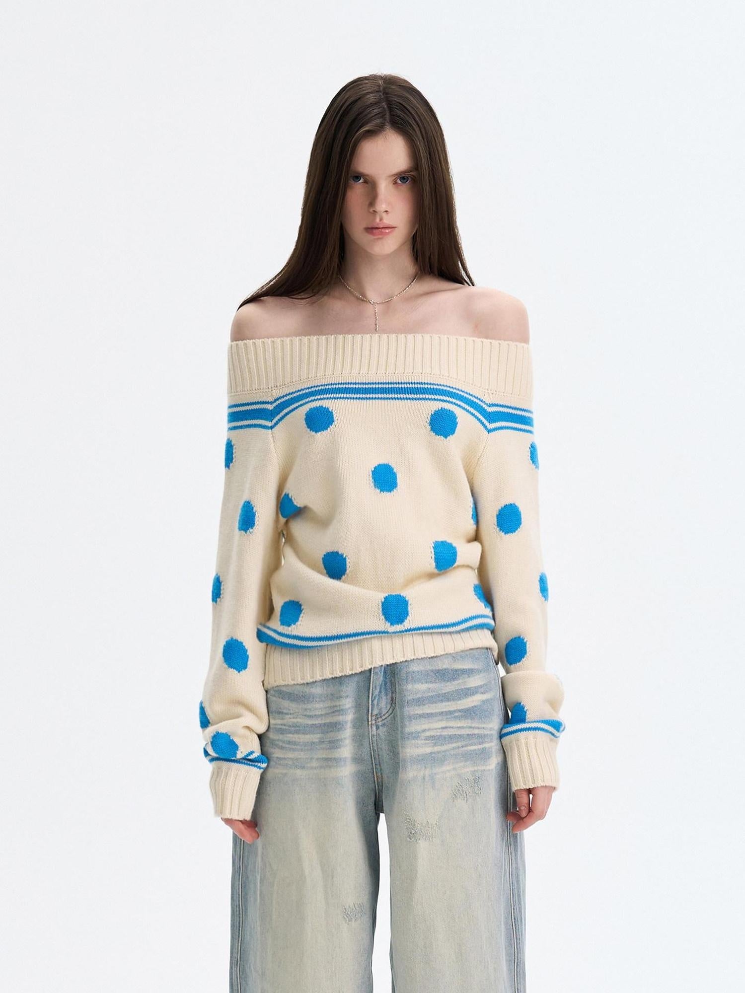 The NeverMore Cozy Thermal Acrylic Wool Polka Dot Boat Neck Relaxed Women Knit Sweaters
