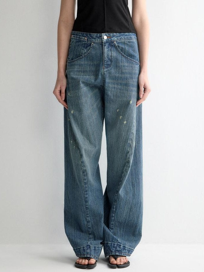 RUN TO THE FUTURE Ripped Washed Durable Low Rise Relaxed Fit Vintage Blue Wide-Leg Jeans