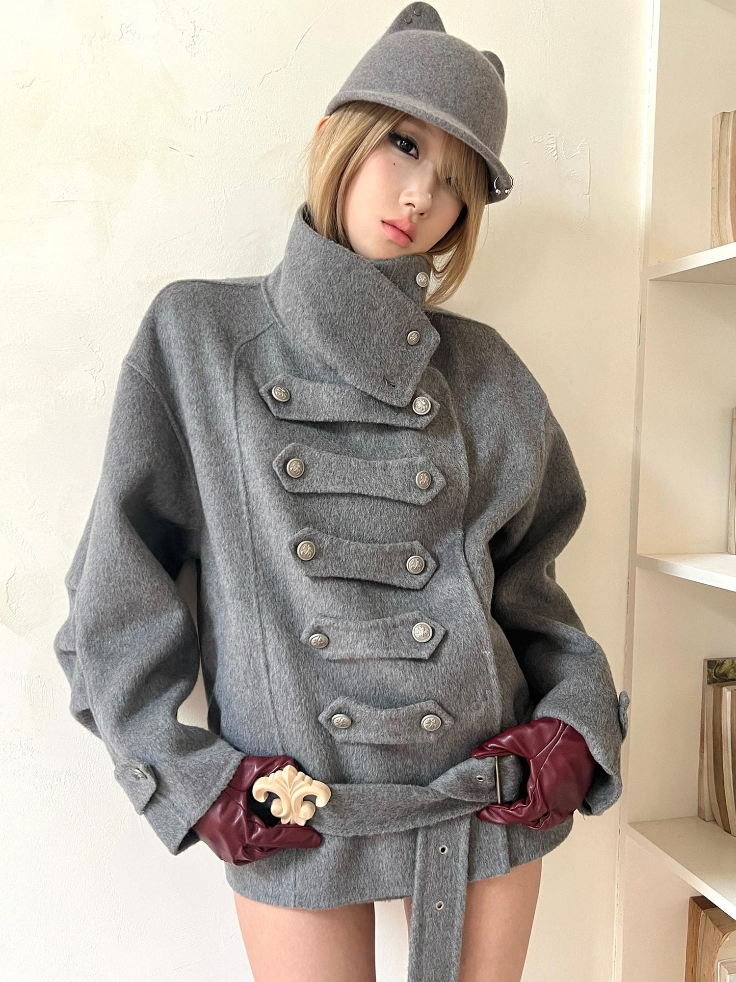 nit alcove Warm Wool Blend Pleated Biker Collar Unisex Double Breasted Cropped Wool Coats
