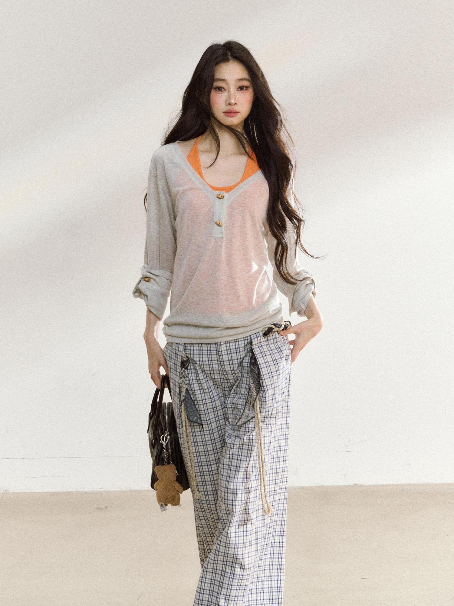 7Shiftin Layered Two Piece Casual Round Neck For Women Cami Coverup Long Sleeve T-Shirts