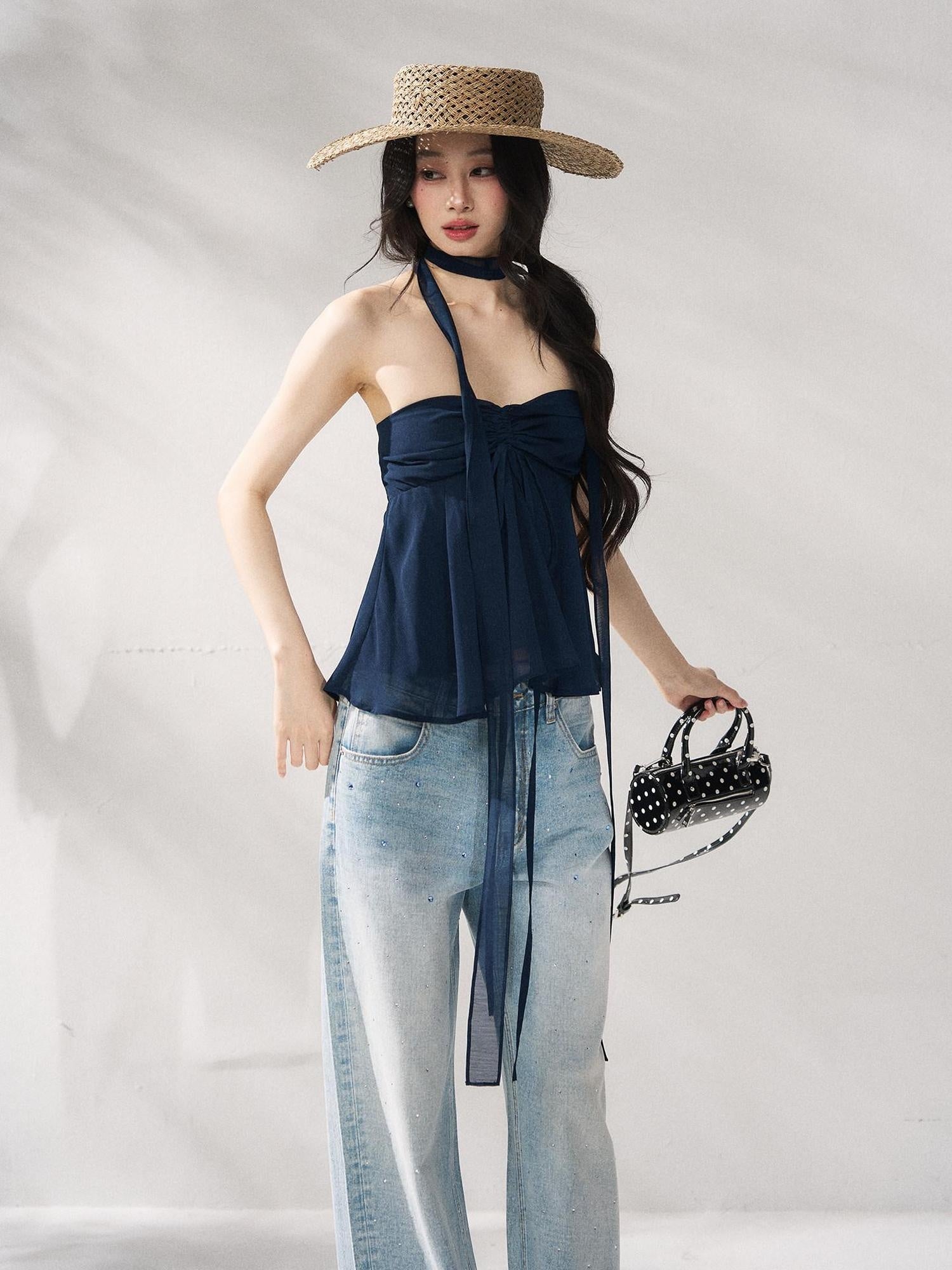 7Shiftin Tie Front Cropped Loose Fit Versatile Solid Color S M L Tube Tops