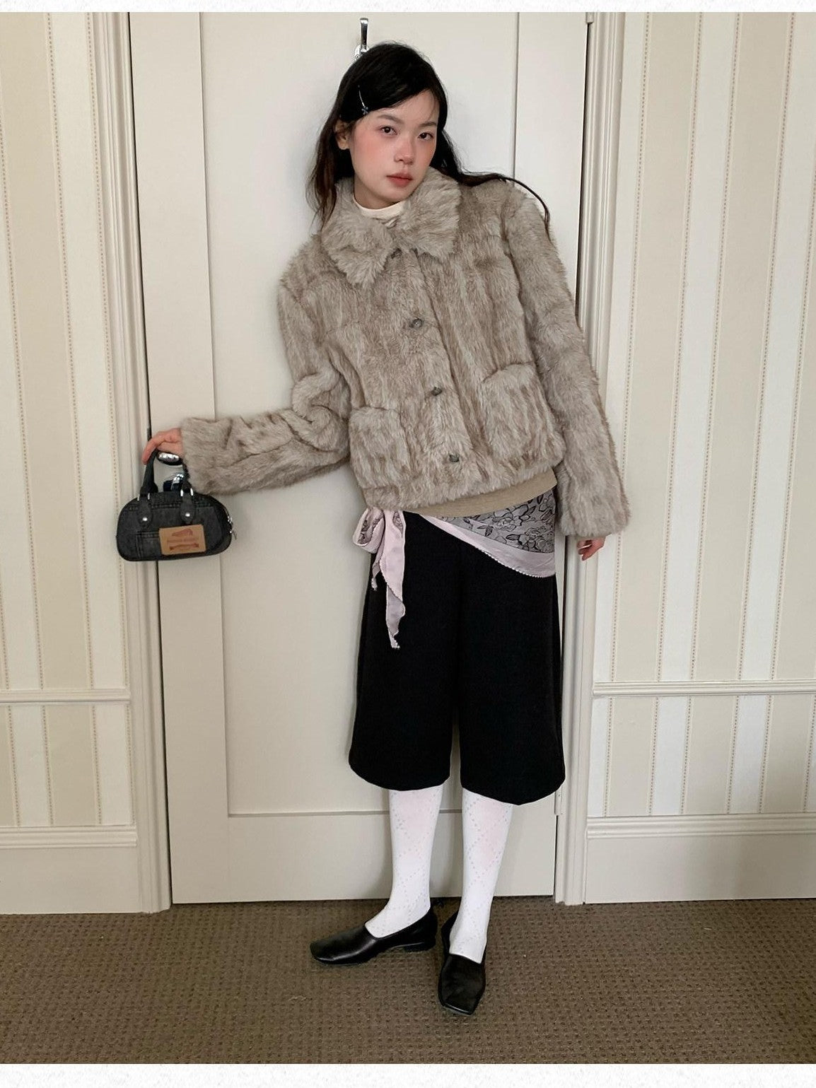 Dorydory Striped Turn Down Collar Eco Fur Textured Women&