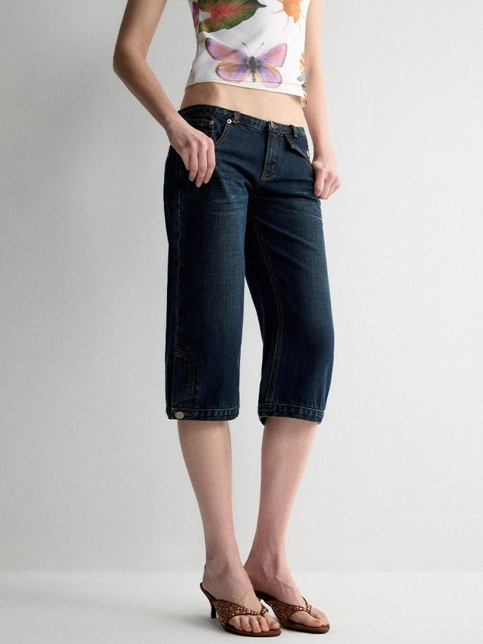 RUN TO THE FUTURE Durable Vintage Deep Blue Casual Low Rise Straight Fit Zipper Denim Shorts