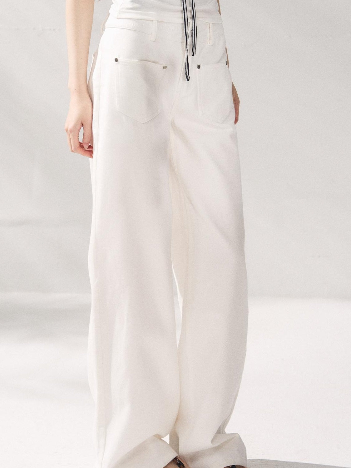 7Shiftin Button Front Natural Waist Casual White Flowy Wide Leg Pants