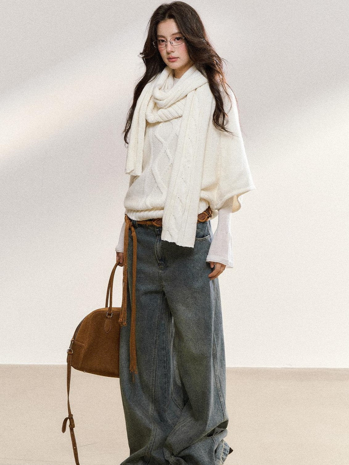 7Shiftin Cozy High Neck Cropped Loose Pullover Knit For Girls White Blue Gray Sweaters