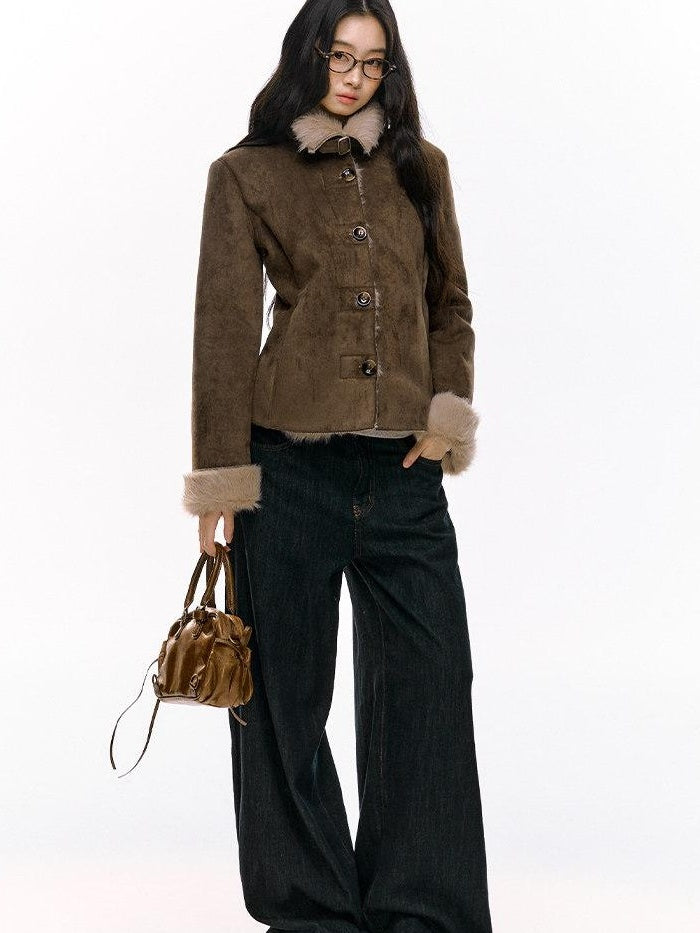 7Shiftin Fleece Lined Original Slim Stand Collar Button Coffee Pink Cropped Jackets