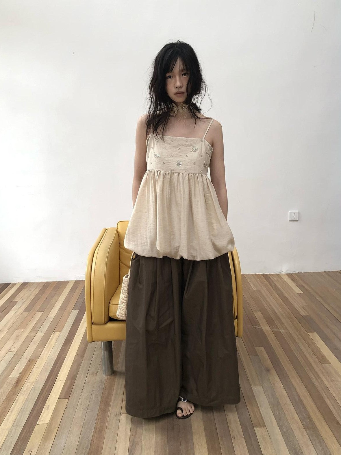 Dorydory Apricot Beige Beaded Square Neck Tulip Hem Women&
