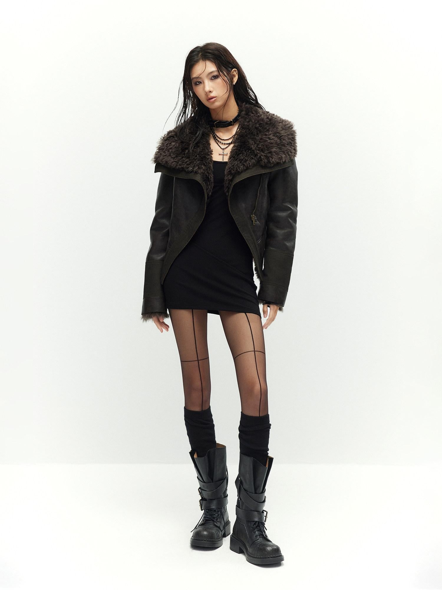 Low pixel Warm Faux Shearling Waisted Gothic Short Zip Women Coffee Cropped Jackets