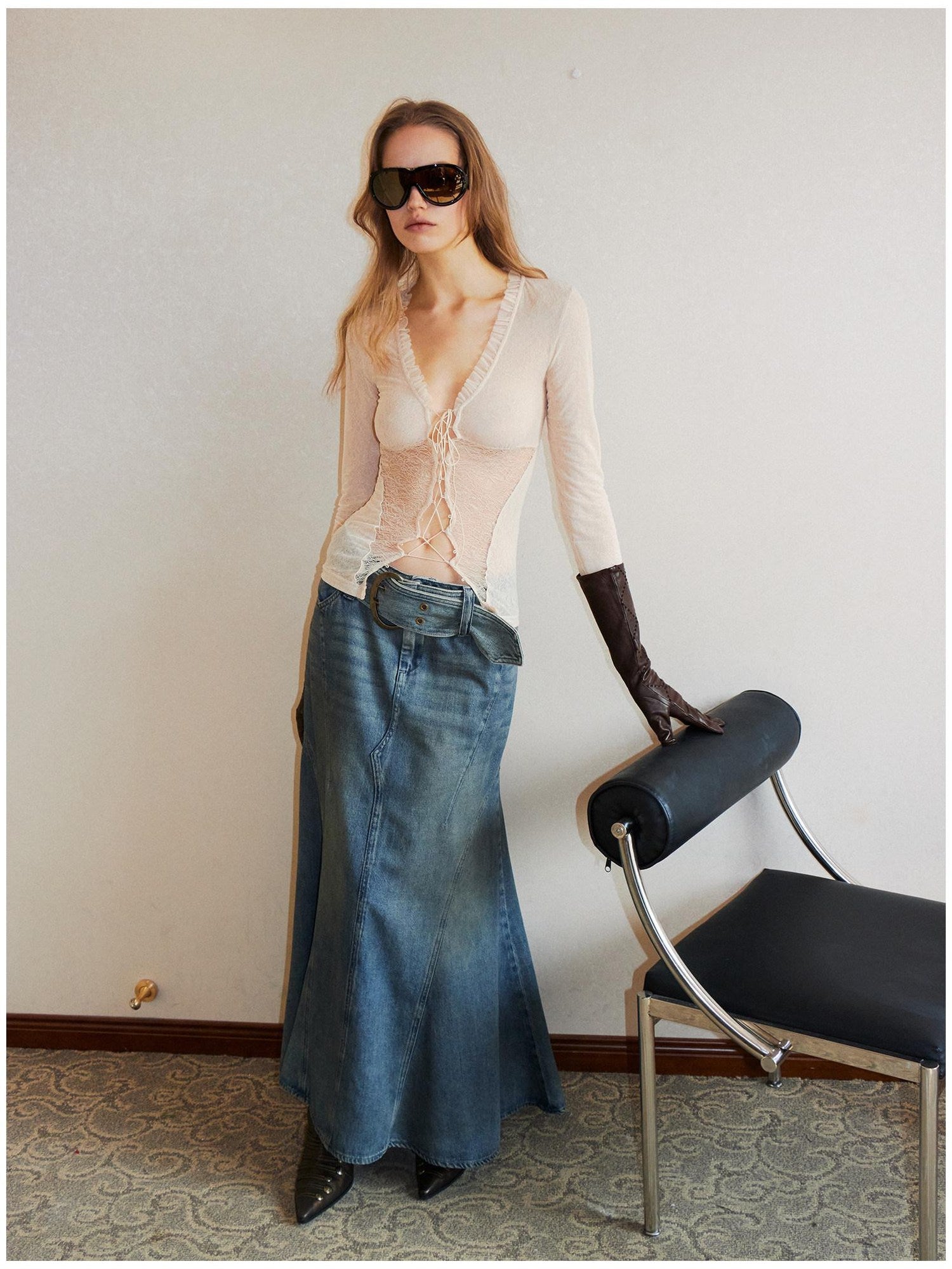 2th Desire Sheer Mesh Spliced Punk Slim Fit Women Long Sleeve Tie Front Blouses