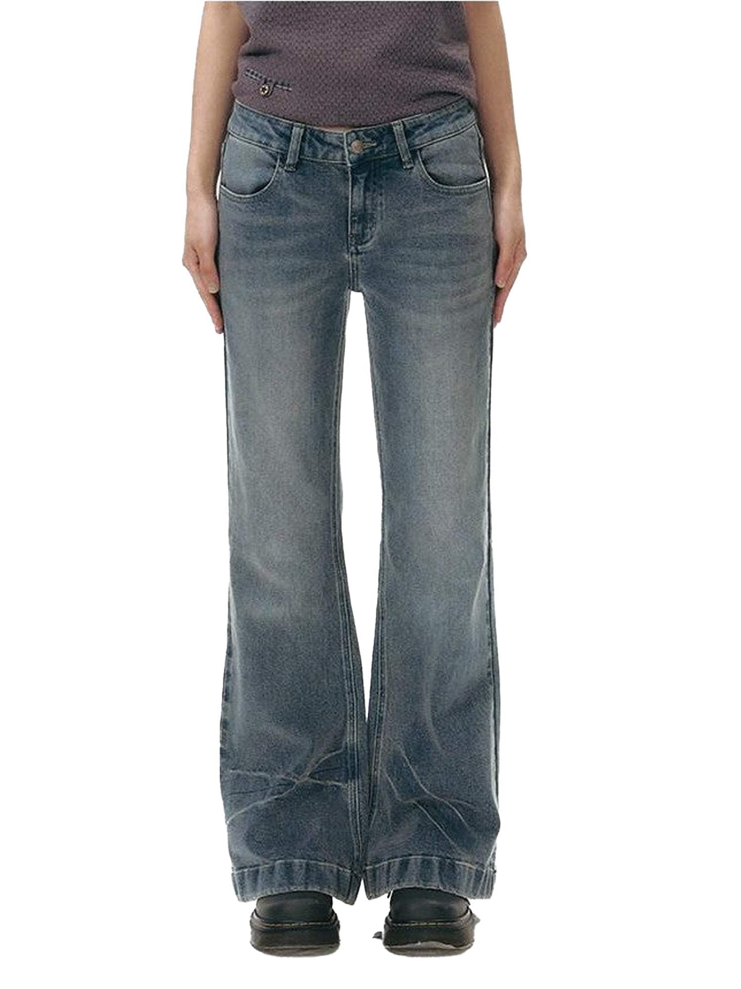 NAPSNAPS Washed Blue Star Embroidered Low Waist Micro Flare Women&