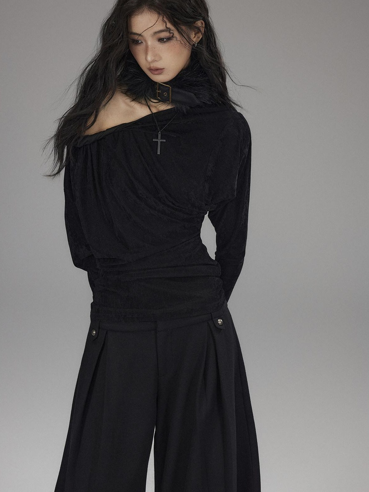 Low pixel Vintage Waist Long Sleeve Slant Neck Black Knit Women Off Shoulder Crop Tops
