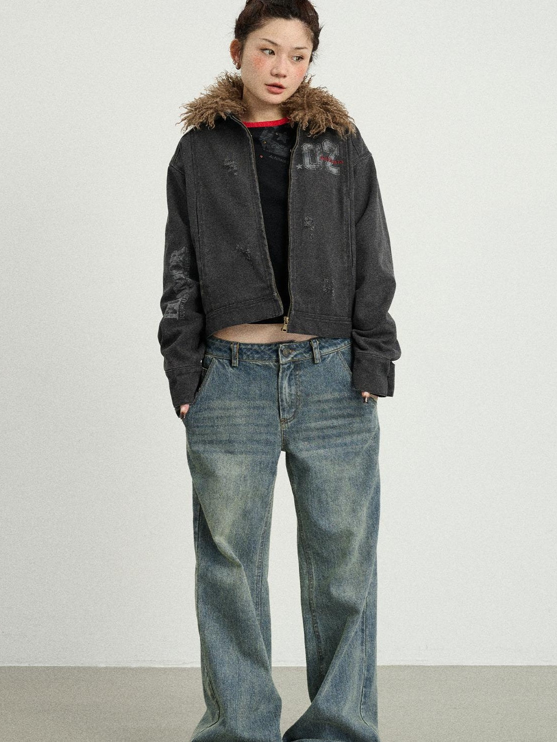 Achihara 2025 Spring Short Faux Fur Collar Jacket Women