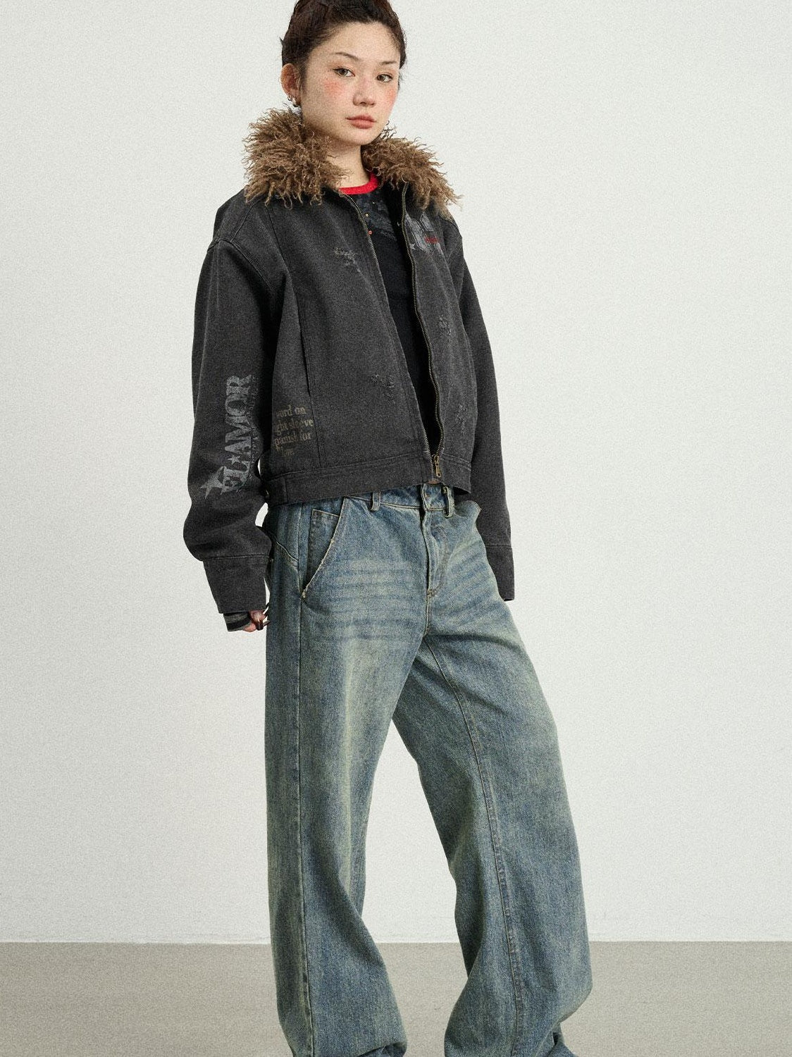 Achihara 2025 Spring Short Faux Fur Collar Jacket Women