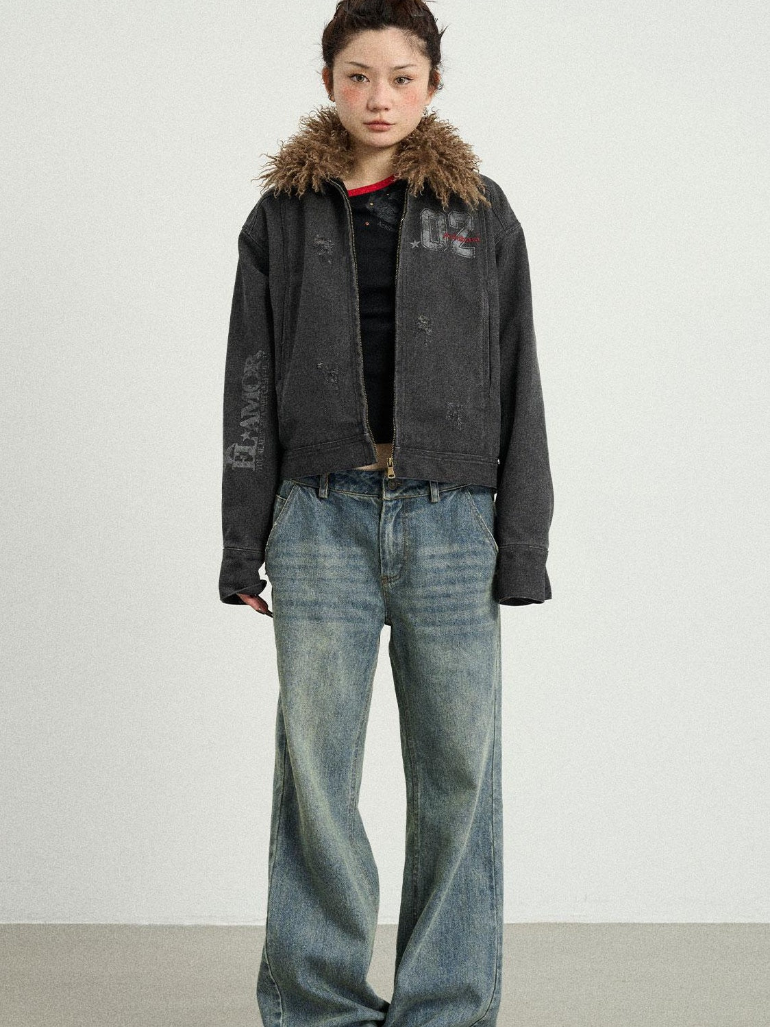 Achihara 2025 Spring Short Faux Fur Collar Jacket Women