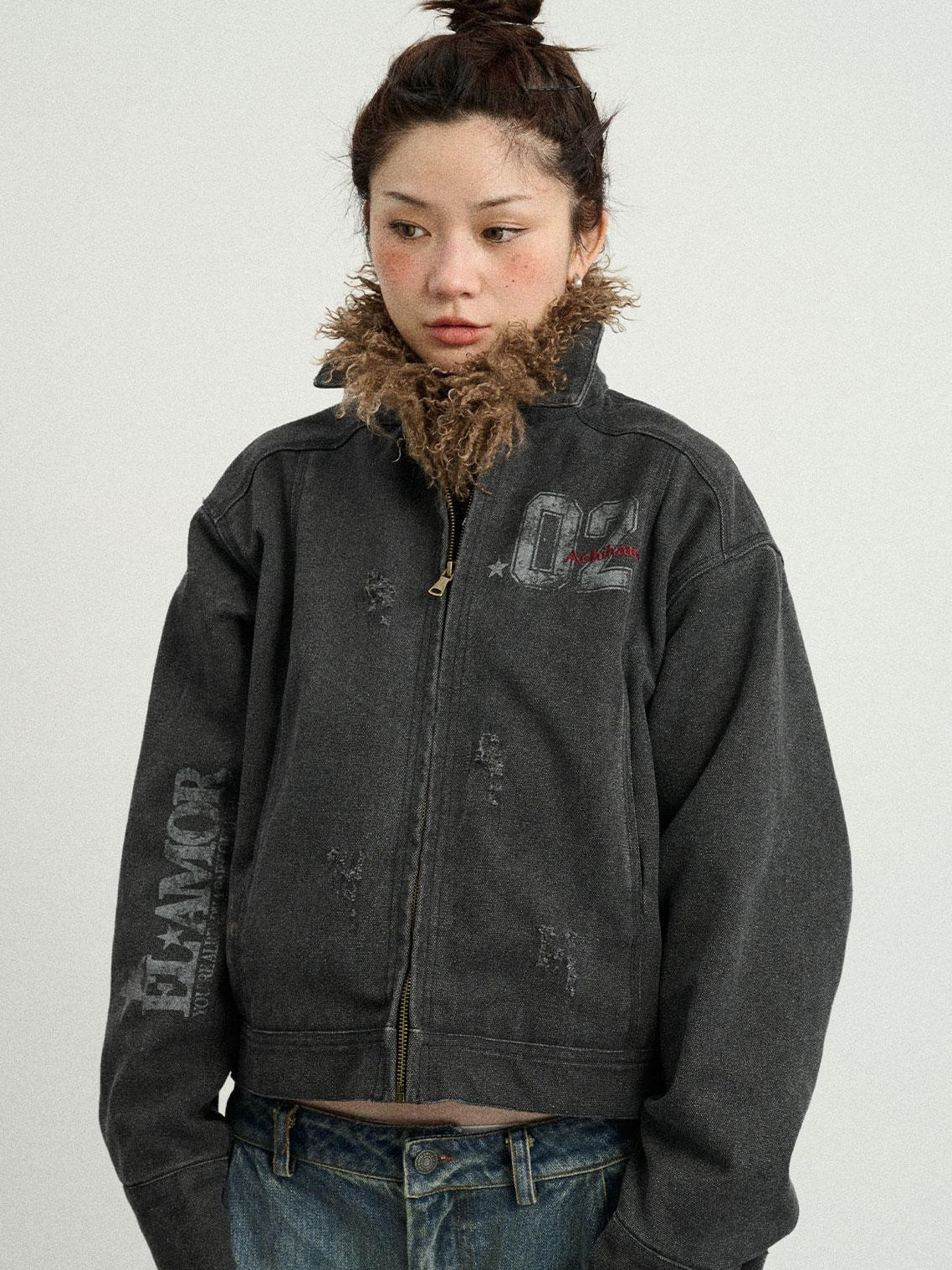 Achihara 2025 Spring Short Faux Fur Collar Jacket Women