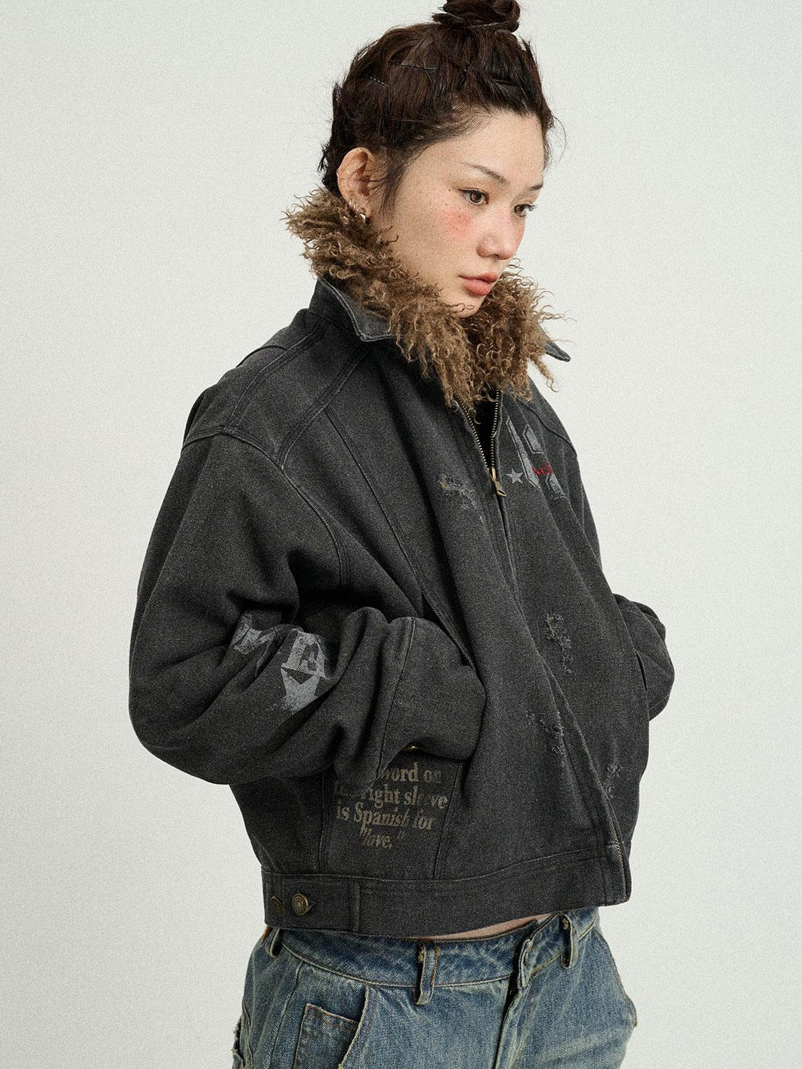 Achihara 2025 Spring Short Faux Fur Collar Jacket Women