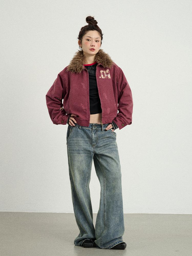 Achihara 2025 Spring Short Faux Fur Collar Jacket Women